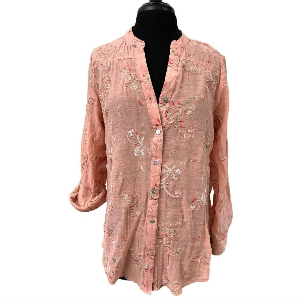 fig & Flower Pink Floral Embroidered Top Sz M